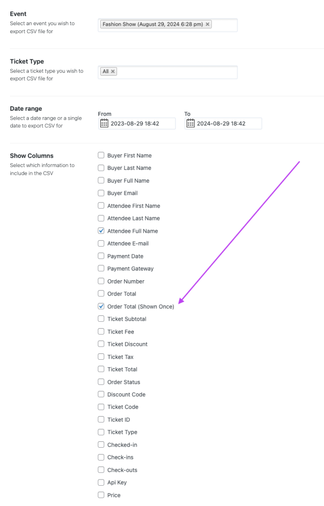 csv export add-on - order total